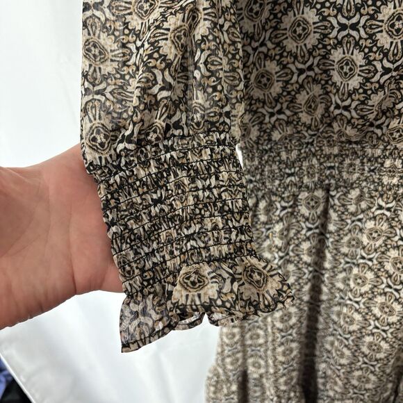 1State Paisley Printed V Neck Ruched Metallic Thread Boho Midi Dress Modest Sz S - Picture 6 of 8